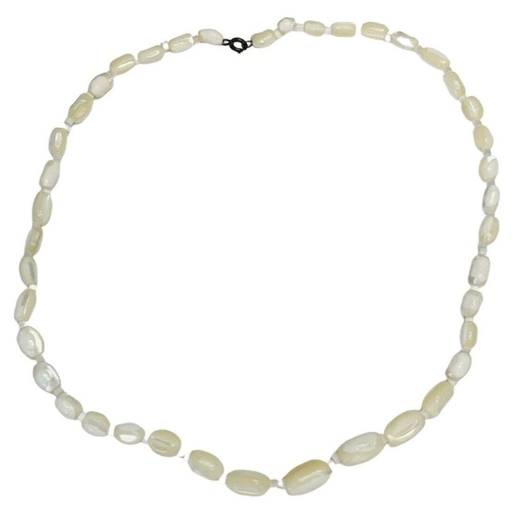 Vintage Elongated White Milky Quartz Oval Beaded Chain Necklace 21in